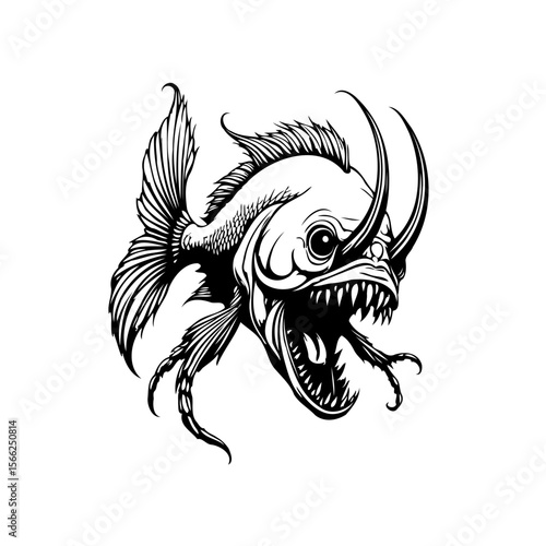 Detailed graphic illustration of a menacing anglerfish with sharp teeth and menacing horn-like barbs and fins
