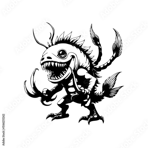 Cartoon illustration of a strange sea creature with a threatening expression showcasing unique design features