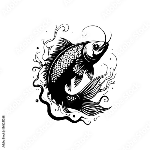 Elegant monochrome fish illustration depicting underwater life and the beauty of aquatic creatures design