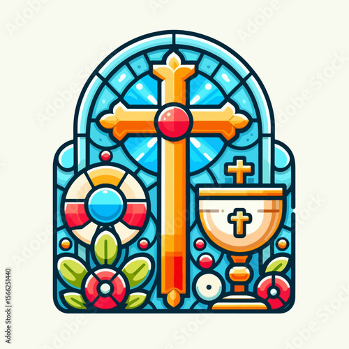 A vibrant stained glass illustration featuring a prominent cross, a chalice, and floral motifs, symbolizing religious themes.