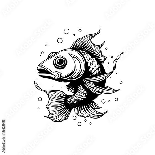 The magnificent illustration of a fish underwater with detailed fins and bubbles surrounding around it