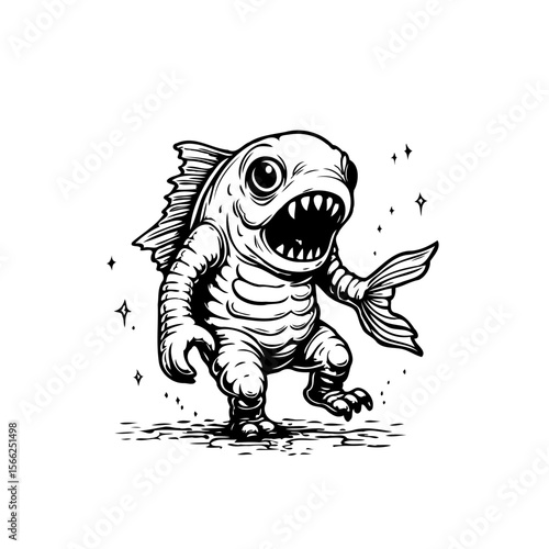 Intricate line art illustration showcasing a whimsical creature with a fish head and human limbs