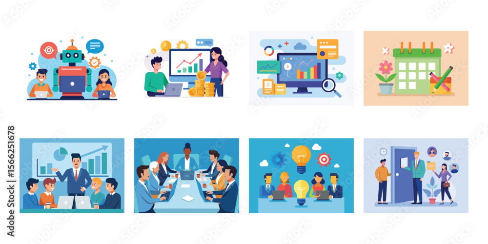 Futuristic Illustration of Robot Assisting Team in Business Innovation Futuristic Illustration of Robot Assisting Team in Business Innovation