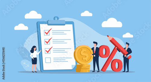 Financial Compliance, Budgeting & Discount Planning.Illustration of financial compliance/planning: businesswoman with checklist, businessmen with dollar coin, percentage symbol, and pencil.