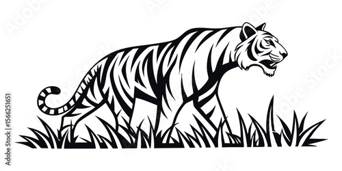 Majestic Tiger Illustration Black and White Design of a Tiger Walking Through Tall Grass
