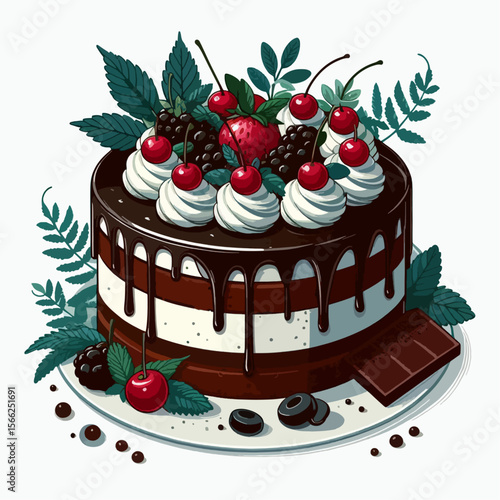 Three-layered chocolate cake, drizzled with chocolate and topped with whipped cream and various fresh berries, presented on a white plate.  The image is a detailed illustration.