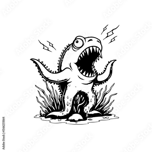 Angry comical dinosaur roars in black and white illustration with sharp teeth and bulging eyes scary illustration