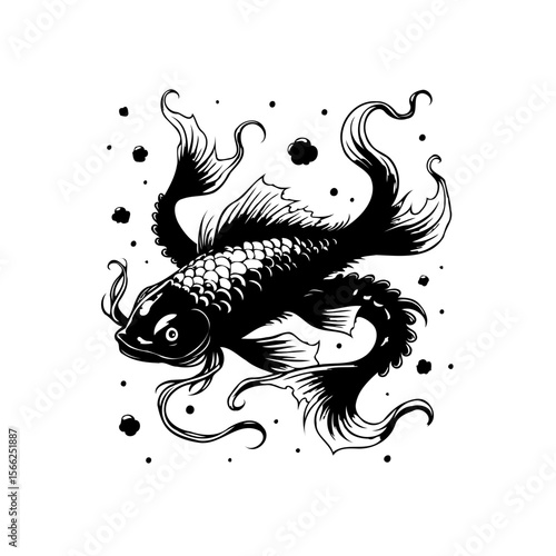 Elegant black and white koi fish illustration, symbol of prosperity, luck, and good fortune in asian culture