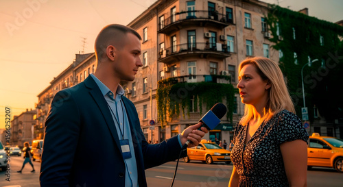 Young male journalist interviewing a woman on a city street during golden hour. Urban background with vintage architecture and warm sunset light.