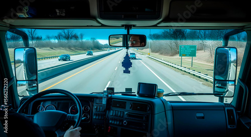 Wallpaper Mural View from inside a truck cabin looking out at the open road. Steering wheel, dashboard, and highway stretching into the distance. Trucker's perspective on a long journey. Torontodigital.ca