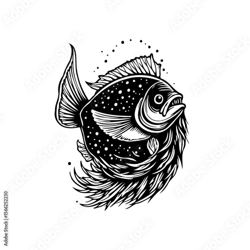 Monochrome detailed illustration showcasing a unique fish with beard artwork black and white drawing design