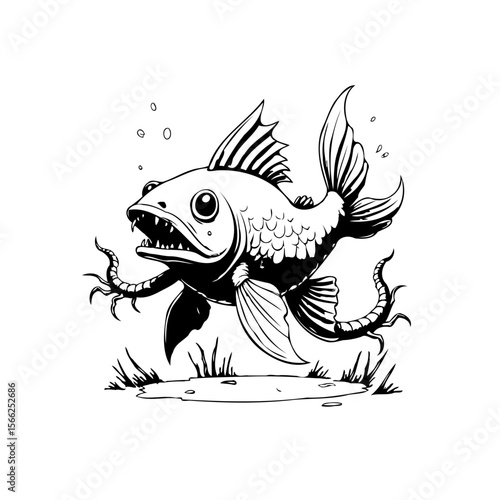 A whimsical black and white drawing showcasing a fish with human-like features in cartoon style