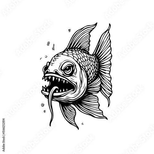 Detailed monochrome tattoo design showcasing an angry fish with prominent teeth and extended tongue