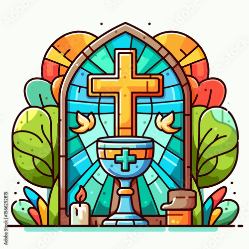 Vibrant, stylized illustration of a stained-glass church window, featuring a cross, chalice, and candle, set against a backdrop of foliage.