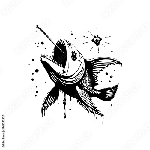Monochrome graphic illustration depicting a fish pierced by a spear with abstract elements and dripping ink