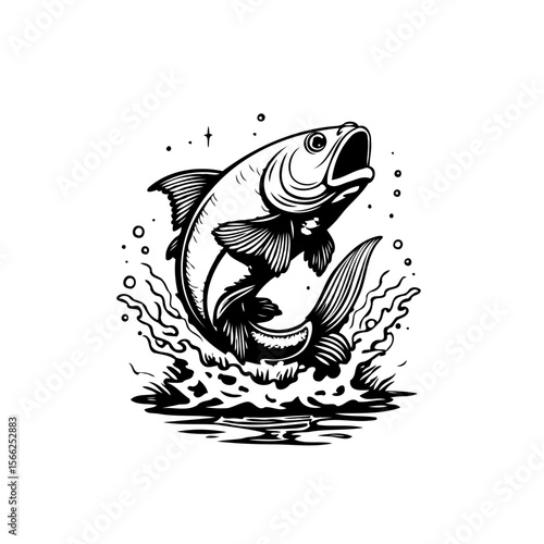 Captivating monochrome artwork of a fish leaping out of the water, a dynamic illustration celebrating fishing