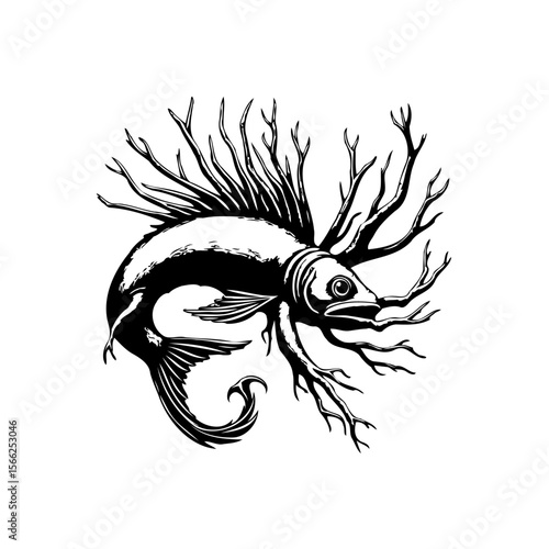 Intricate aquatic creature design showcases a surreal fusion of fish and branching organic forms