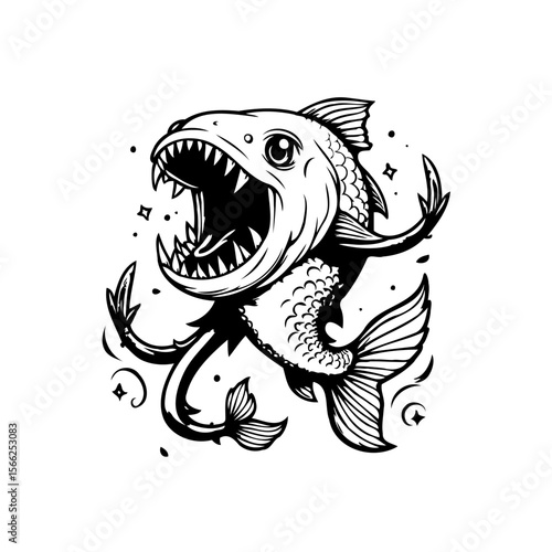 Striking monochrome illustration of a ferocious fish with exaggerated teeth and playful tentacles showcasing aquatic fantasy
