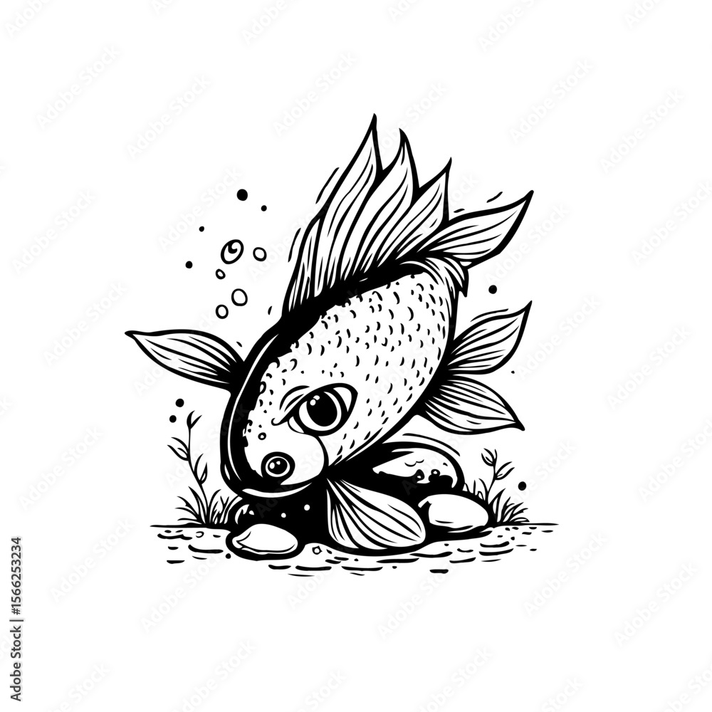 Obraz premium A charming cartoon fish with detailed scales swimming gracefully near rocks under the water