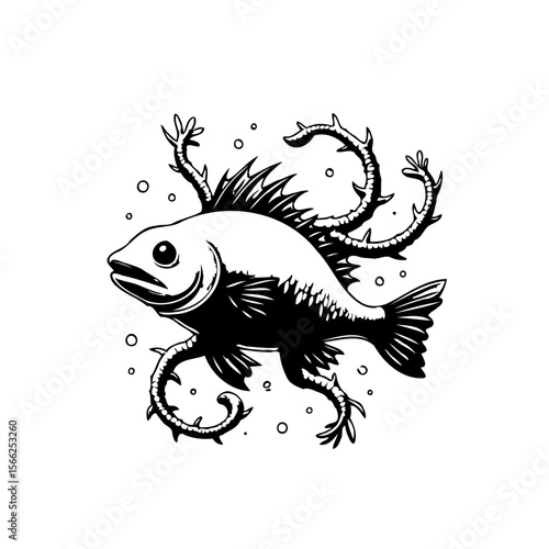 A unique illustration of a fish with plant-like appendages creating a whimsical sea creature design with tentacles