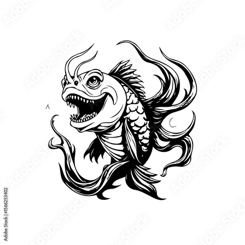 Wallpaper Mural Detailed hand drawn illustration of a scary fish with sharp teeth in black and white style Torontodigital.ca