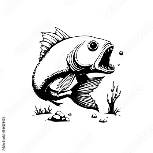Cartoon bass fish jumping illustration black and white artwork fresh water wildlife drawing concept for logo or designs