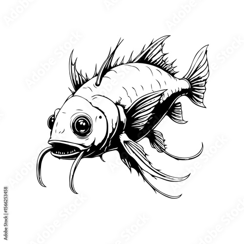 Detailed monochromatic illustration featuring unique fish with elongated sensory barbels and striking spiky fins creating artistic design