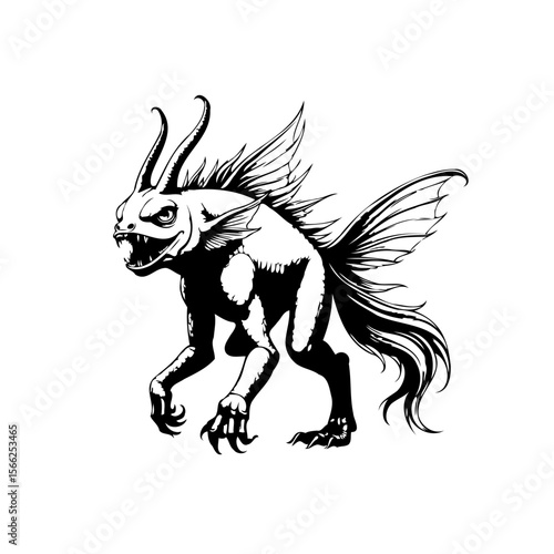 Detailed inking illustration of a fantasy creature with animal and fish-like features on white background