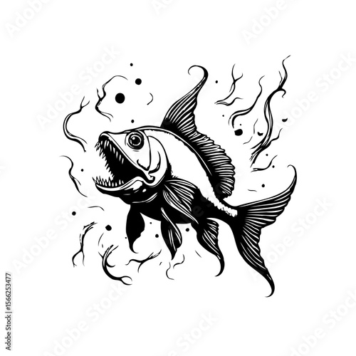 Intricate monochrome illustration showcasing a predatory fish with sharp teeth and surreal aquatic elements drawing