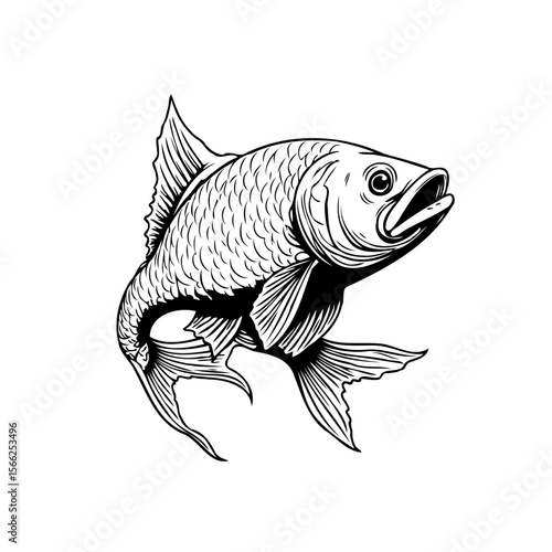 Detailed line art illustration featuring a fish swimming with open mouth showcases aquatic elegance
