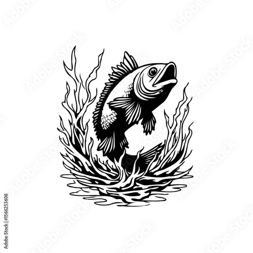 A captivating illustration of a fish leaping out of the water among aquatic plants