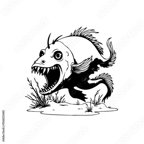 Cartoon piranha illustration with sharp teeth and menacing expression showcasing the dangerous and ferocious underwater predator on white