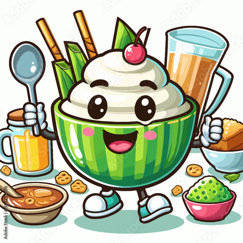 Cartoonish representation of a dessert dish, along with accompanying drinks and snacks, presented in a vibrant and cheerful manner.
