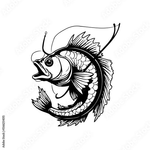 A captivating black and white illustration of a fish caught on a fishing hook in action