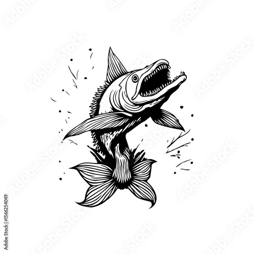Striking black and white illustration showcasing a predatory fish emerging from a delicate flower with fine detail