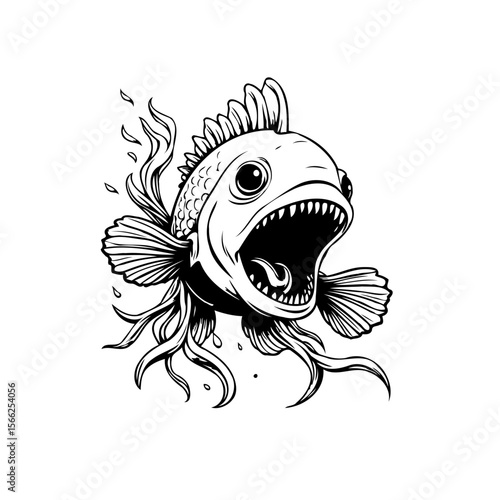 Anglerfish illustration with glowing lure and sharp teeth in black and white detailed drawing perfect for design projects