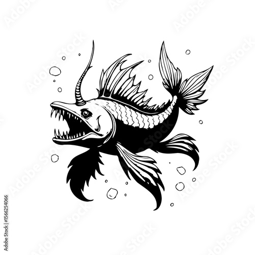 An illustration showcasing a deep sea angler fish with sharp teeth and glowing lure in black and white