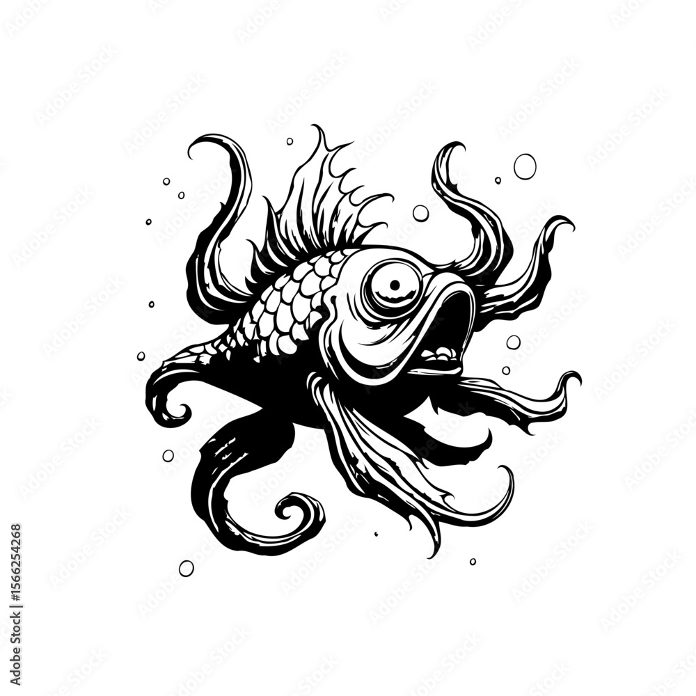 Fototapeta premium Intricate black and white fish illustration with whimsical octopus tentacles a captivating aquatic fusion design for creative projects