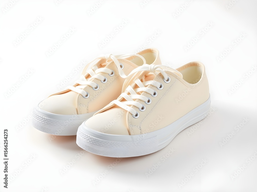 Pair of Clean New Beige Canvas Sneakers with White Laces and Soles on a Bright White Background, Perfect for Casual Fashion and Footwear Concepts Pair of Clean New Beige Canvas Sneakers with White Laces and Soles on a Bright White Background, Perfect for Casual Fashion and Footwear Concepts
