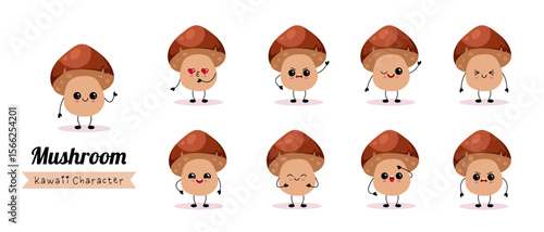Set of cute kawaii mushroom characters with emotions