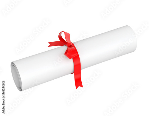 An isolated 3D rendering of a rolled diploma scroll with a red ribbon, perfect for illustrating graduation, education, or an award certificate