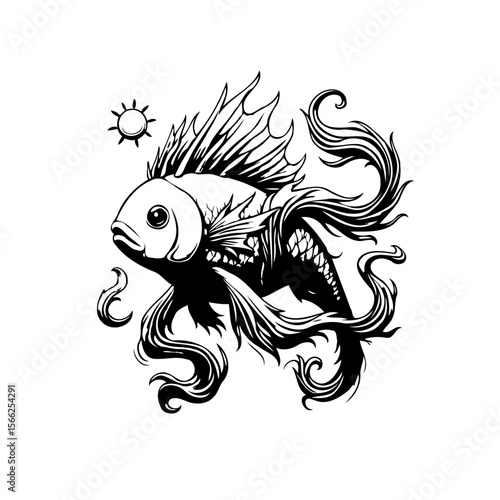 Monochrome fish illustration showcasing intricate fin details with flowing organic elements creating dynamic composition evoking underwater fantasy