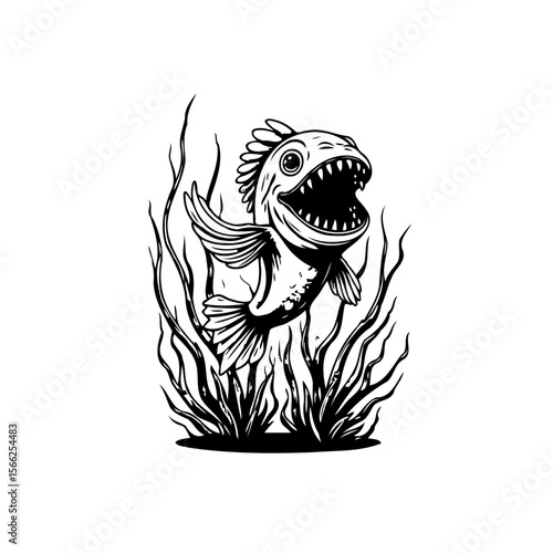 Cartoon illustration of a stylized predatory fish with an open mouth in seaweed design