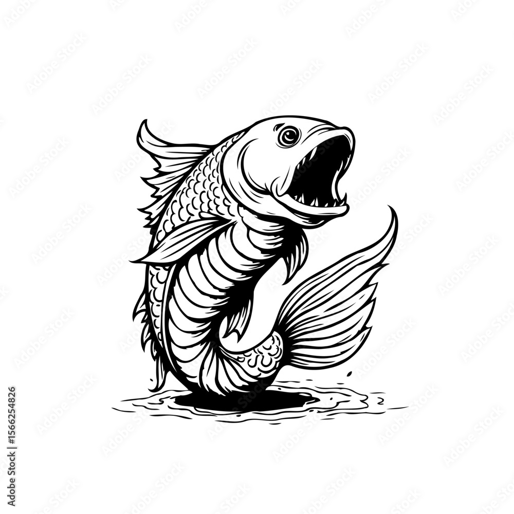 Fototapeta premium Detailed black and white drawing of a fish with its mouth open illustration displaying underwater life