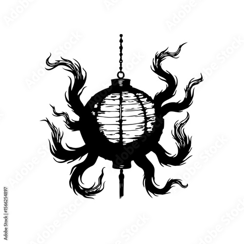 Spooky oriental lantern illustration with monstrous appendages creating a striking and eerie silhouette design art