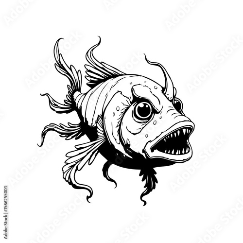 A digitally generated image showcases a stylized angry fish with intricate details and dynamic lines rendering a visually striking monochromatic illustration