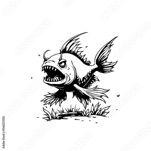Fierce creature from the depths illustration with angry fish and sharp teeth depiction in cartoon design style art