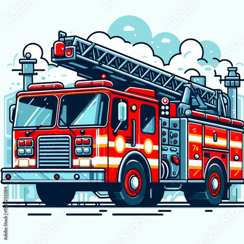 Stylized, graphic portrayal of a fire engine, highlighted by bold colors and a detailed design.