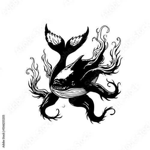 Monochrome killer whale with tentacles illustration for sea creatures or mythical marine life themed designs projects