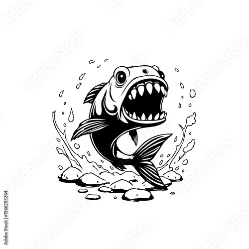 Aggressive predatory fish with sharp teeth jumping out of the water in cartoon style illustration